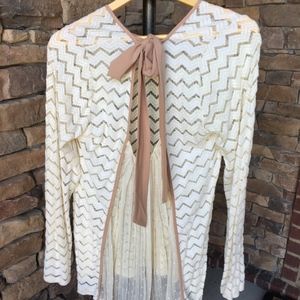 Altar'd State Long Sleeve Cream & Tan Bow Blouse